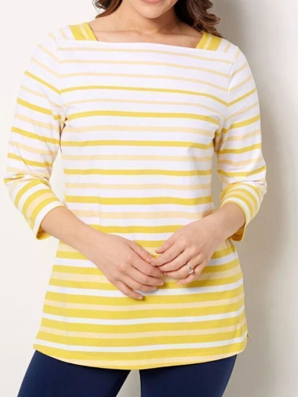 Denim & Co. Striped Jersey Boat Neck 3/4 Sleeves Tunic
